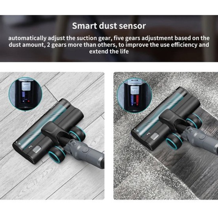 Aspirator vertical fara sac Corenia QRE-1015894, pliabil, 23.000 Pa (140 AW), motor brushless, baterie detasabila 25,2V 2500 mAh pana la 60 min, senzor de praf inteligent, LED, recipient 0,6 L, gri inchis/turcoaz