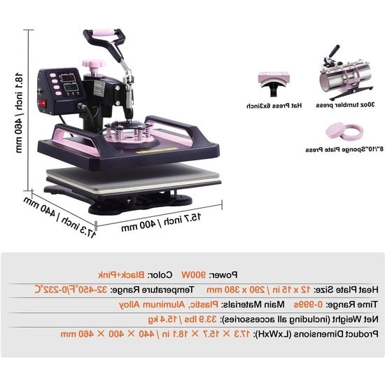 Presa termica 5-in-1 Corenia QRE-1014799, placa 12 x 15 inch, digitala, pana la 250°C, pentru tricouri, cani si sepci, roz