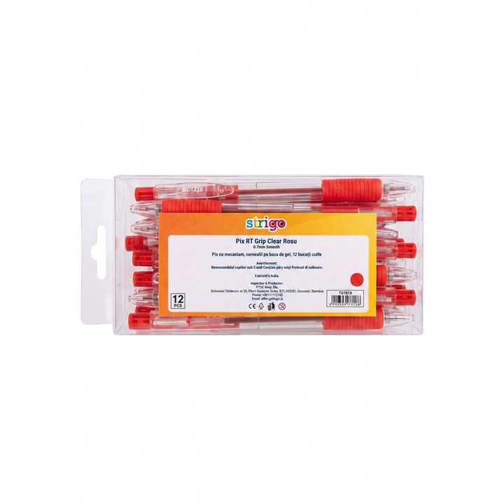 Химикалка Strigo RT Grip Clear 0.7mm, червена, 12 броя кутия