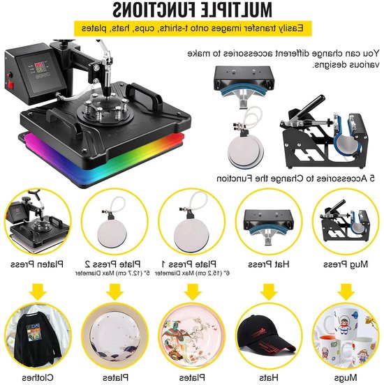 Presa termica Corenia QRE-1014815, suprafata de lucru 30 x 38 cm, brat rotativ 360° swing-away, reglaj digital temperatura si timp, negru, cu accesorii pentru platou/cana/sapca