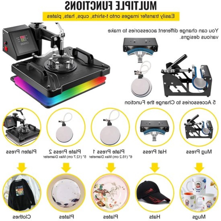 Presa termica Corenia QRE-1014815, suprafata de lucru 30 x 38 cm, brat rotativ 360° swing-away, reglaj digital temperatura si timp, negru, cu accesorii pentru platou/cana/sapca