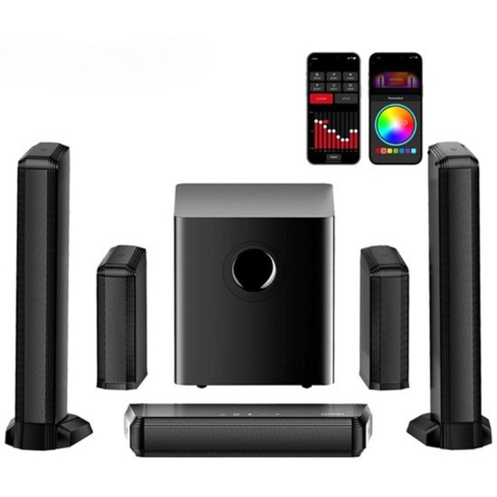 Soundbar Corenia QRE-4201420 7.1ch, subwoofer wireless 6,5 inch, boxe surround detasabile, RGB cu control prin aplicatie, HDMI eARC, Bluetooth 5.3, 410W, negru