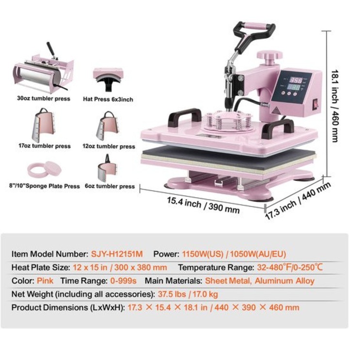 Presa termica Corenia SJY-H12151M 8-in-1, placa 30,5 x 38,1 cm, pentru tricouri si cani (6/12/17/30oz), temperatura digitala 0–250°C si temporizator, roz, cod QRE-1014814