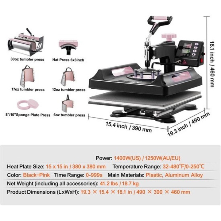 Presa termica multifunctionala 8-in-1 Corenia QRE-1014845, placuta 38 x 38 cm, accesorii pentru 6/12/17/30oz tumblers, brat rotativ 360°, digital 0–250°C, 1400W/1250W, negru/roz