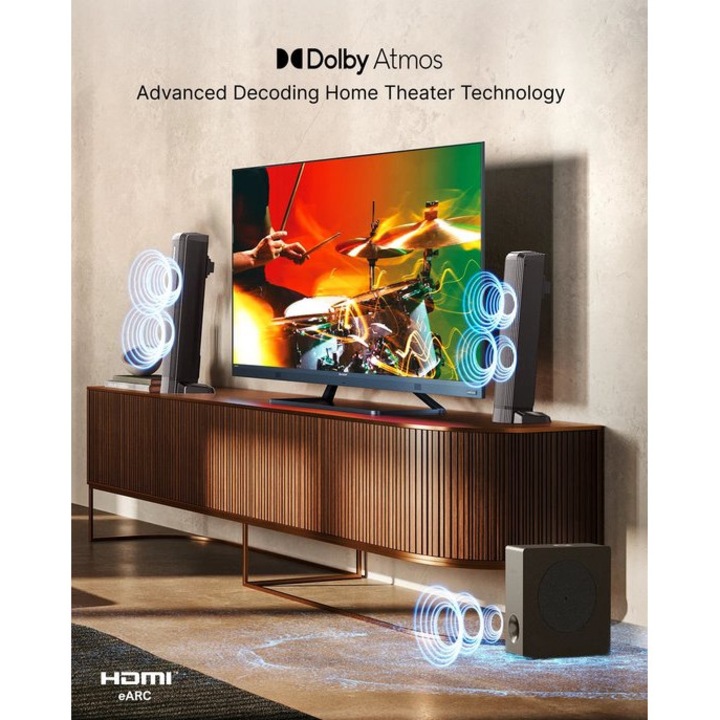 Soundbar Corenia QRE-1015347, 4.1 canale 280W, Dolby Atmos, Bluetooth 5.3, design detasabil, HDMI eARC, 99 dB, negru