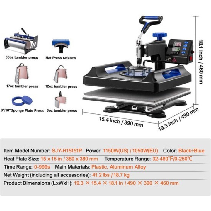 Presa termica multifunctionala Corenia QRE-4503219 8-in-1, platou 38 x 38 cm, control digital temperatura 0–250°C si timp, putere 1150W/1050W, accesorii pentru cani 6/12/17/30oz si sapca, negru/albastru