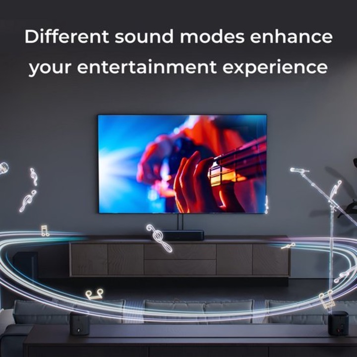 Soundbar Corenia QRE-1015025, sistem 5.1 cu subwoofer, Dolby Atmos, 280W, HD eARC, boxe surround wireless, control prin aplicatie, montare pe perete, negru