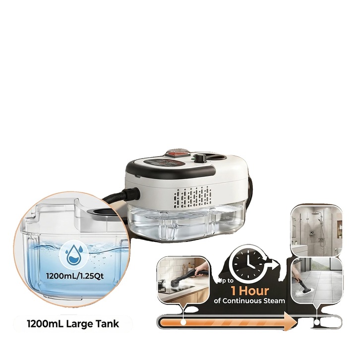 Aparat de curatat cu aburi portabil 8785371880889, 2500W, 105°C, rezervor 1,2 L, pana la 60 min functionare continua, 6 trepte abur, 20+ accesorii