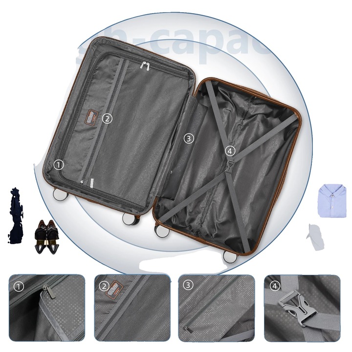 Комплект твърди куфари от ABS, 20"/24"/28" + чанта за уикенд и несесер за тоалетни принадлежности, разширяеми с 25%, въртящи се колела, кодови брави, сив