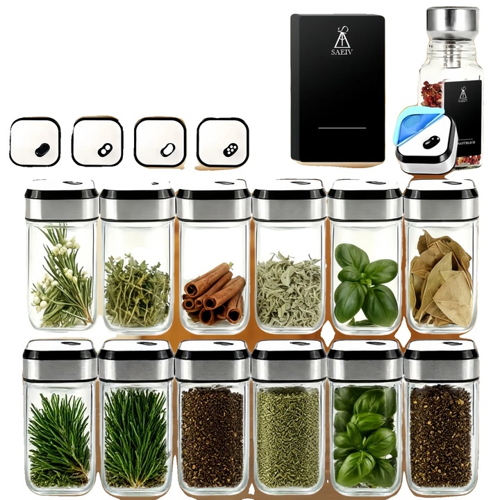 Suport rotativ pentru condimente 360° cu 12 borcane din sticla, capace inox/negre, etichete incluse, 3 oz fiecare