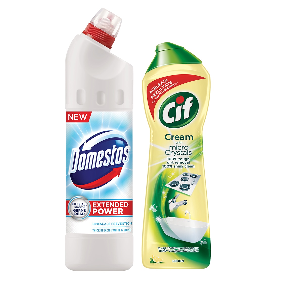 Pachet Cif Crema de curatare Lemon cu Micro-Cristale, 500ml si un dezinfectant inalbitor anticalcar Domestos Extended Power White & Shine, 750ml
