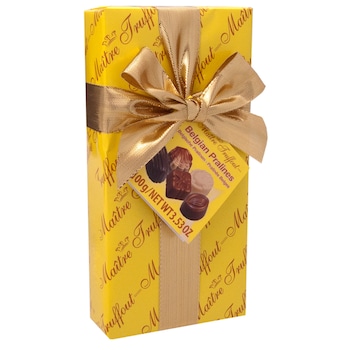 Praline asortate Maitre Truffout 100g cutie galbena cu fundita Praline asortate Maitre Truffout 100g cutie galbena cu fundita