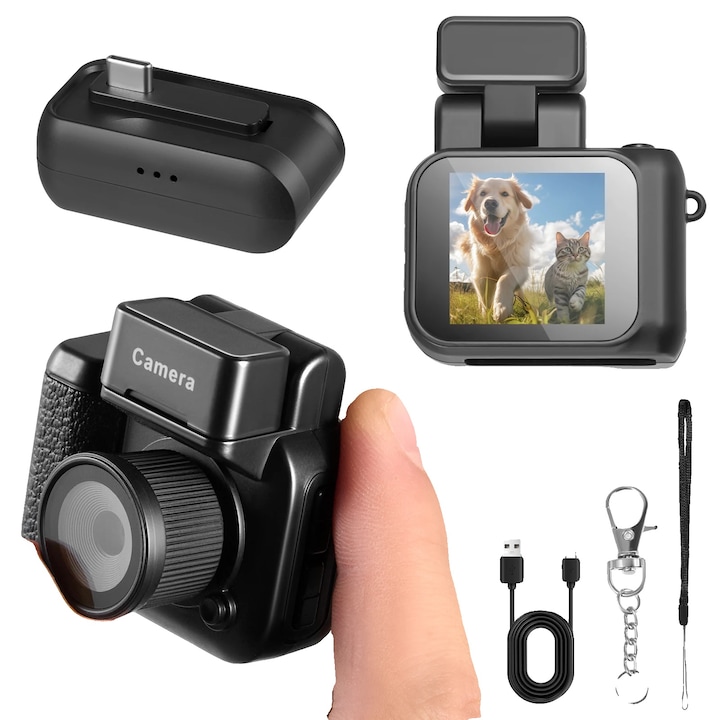 Мини камера 1080P модел 8785371810817, екран 1,44 инча, Full HD запис, поддръжка на microSD 4–512GB, вградена батерия 150mAh (опционален държач 480mAh), въртяща се светкавица, 6 филтъра, черен