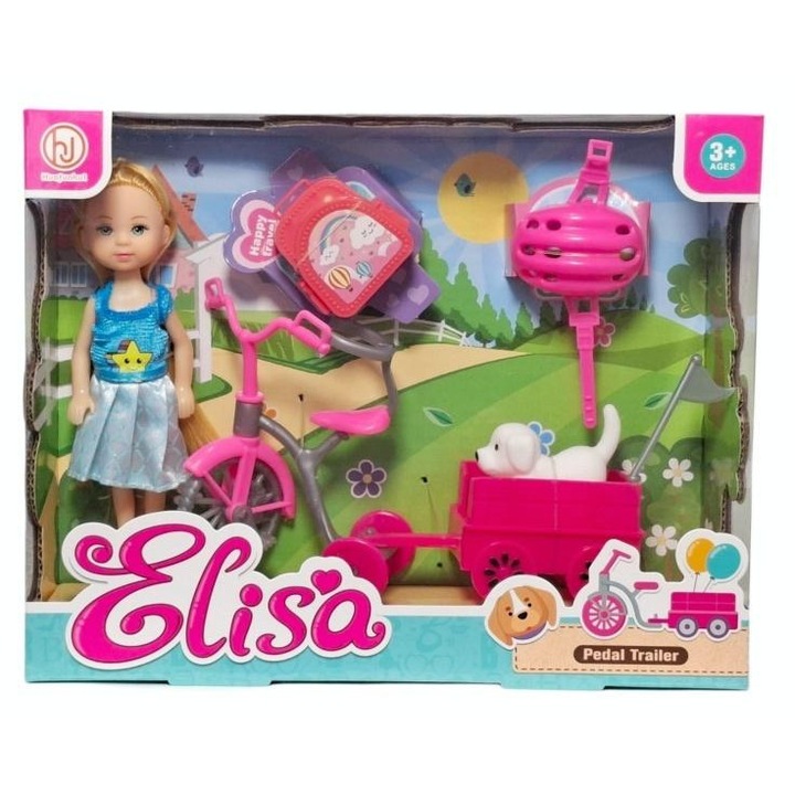 Set papusa SWEDE 798115 cu bicicleta, remorca si catelus, vinil, multicolor