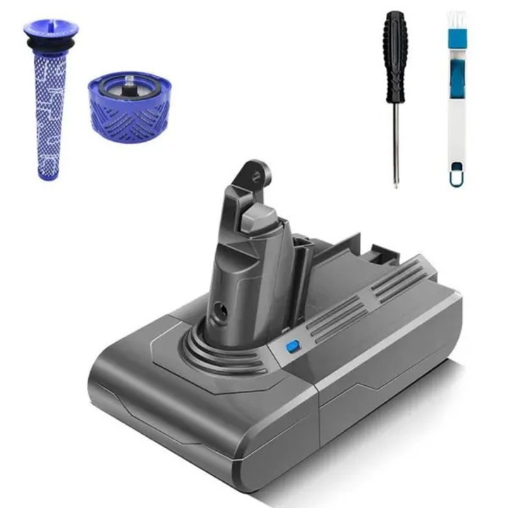 Baterie de inlocuire pentru aspirator Dyson V6, 21.6 V 4000 mAh Li-ion, compatibila cu DC58/DC59/DC61/DC62/D72/DC74/BC683, set cu pre-filtru, post-filtru, perie si surubelnita