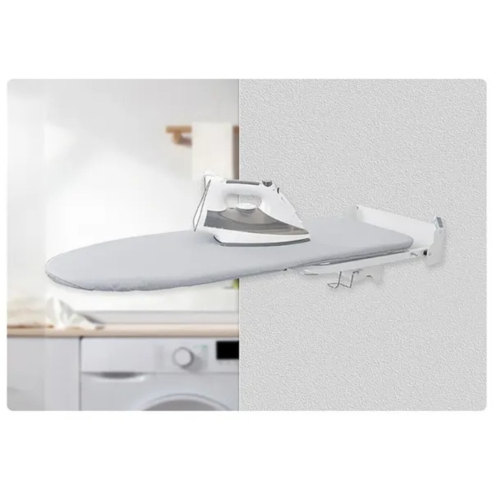 Masa de calcat pe perete rabatabila FD-k0544-260828-1456, otel cu fibra de carbon, husa captusita din bumbac, compartiment integrat pentru fier, pliabila, gri deschis, 93×31.5 cm (deschis) / 52×31.5×7 cm (pliat)