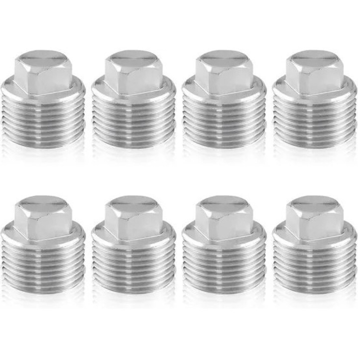Set de 8 dopuri filetate VITERRA.4-25CDCJ-K0232-260831-1253 din otel inoxidabil, 1/2 inch AG (filet exterior 1/2 inch), hexagonale, argintiu