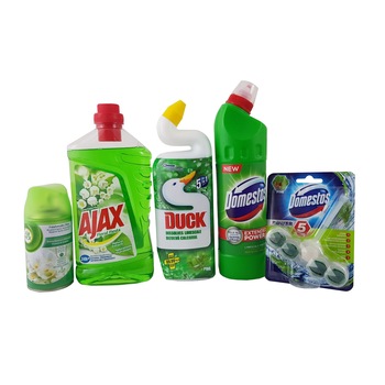 Set curatenie: Rezerva Air Wick Freshmatic Freesi si Iasomie+Ajax Flowers of Spring Floral Fiesta+Duck wc lichid+Dezinfectant inalbitor anticalcar Domestos Pine+Odorizant toaleta Domestos pin, 55g Set curatenie: Rezerva Air Wick Freshmatic Freesi si Iasomie+Ajax Flowers of Spring Floral Fiesta+Duck wc lichid+Dezinfectant inalbitor anticalcar Domestos Pine+Odorizant toaleta Domestos pin, 55g