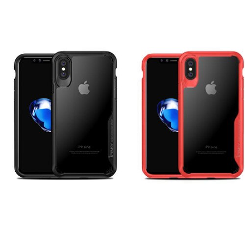 Pachet 2 Huse IPAKY Iphone X Transparente cu margine din silicon (Rosu / Negru)