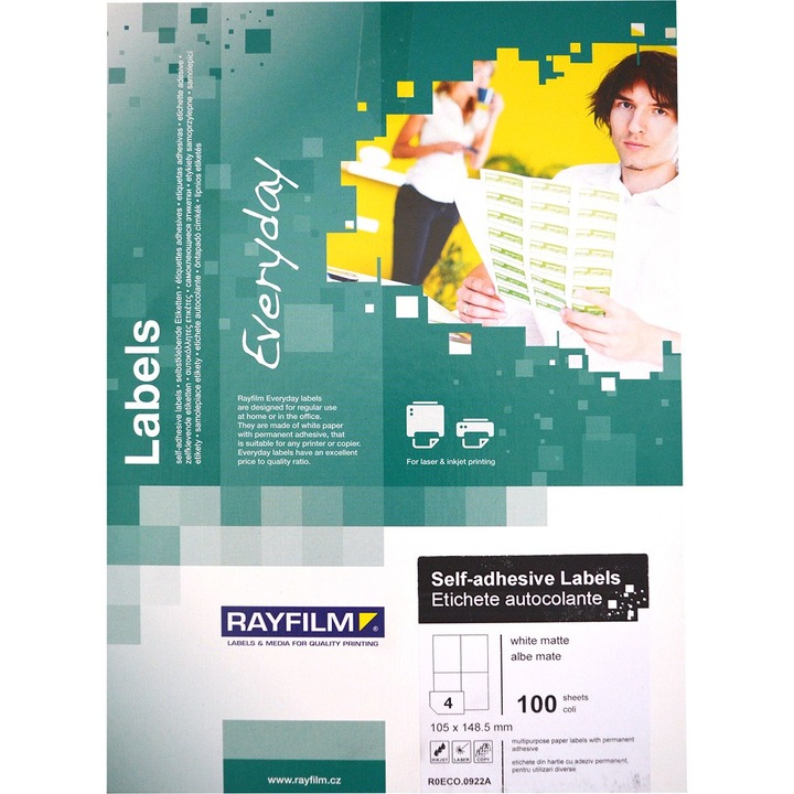 Etichete autoadezive, alb mat, de 105x148.5mm , 4buc/A4 100coli/top , Rayfilm