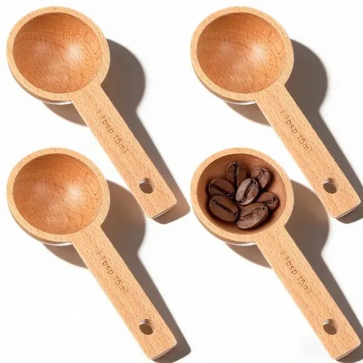 Set 4 lingurite pentru cafea din lemn de fag, 15 ml, natural, 10.8 cm