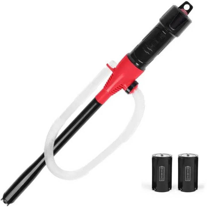 Pompa electrica portabila pentru combustibil VITERRA.4-25CDCJ-K0232-260831-6760, alimentare baterii (6×AA sau 2×D), debit ~8 l/min, furtun 40 cm, tub aspirare 62 cm, rosu/negru