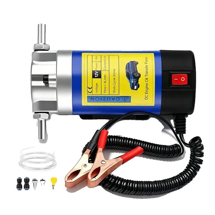 Pompa transfer ulei 24V 8785371716997, portabila din fier, cu cleme pentru baterie si 2 furtunuri transparente, albastru/negru