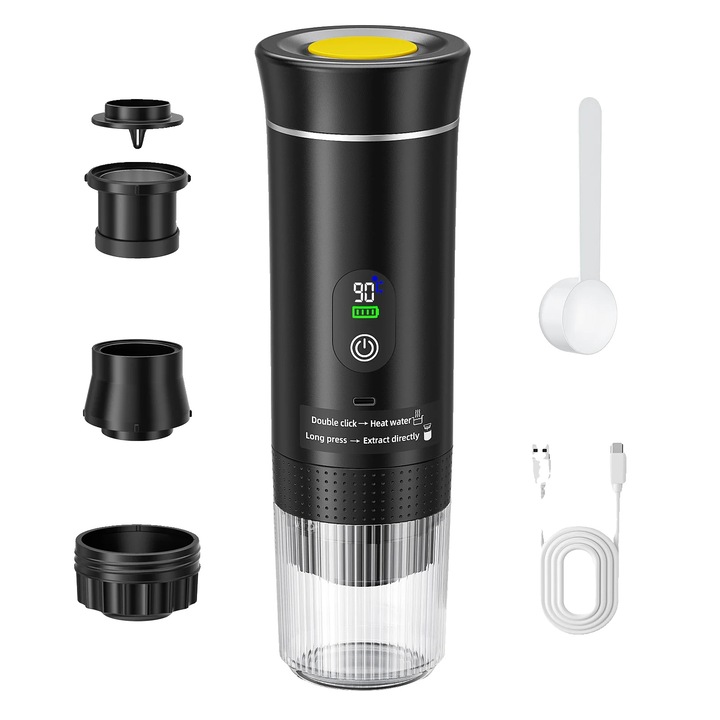 Espressor portabil reincarcabil 8785371810503, baterie 7500 mAh, 72W, incalzire 90°C, USB-C, compatibil capsule si cafea macinata, negru, rezervor 80 ml