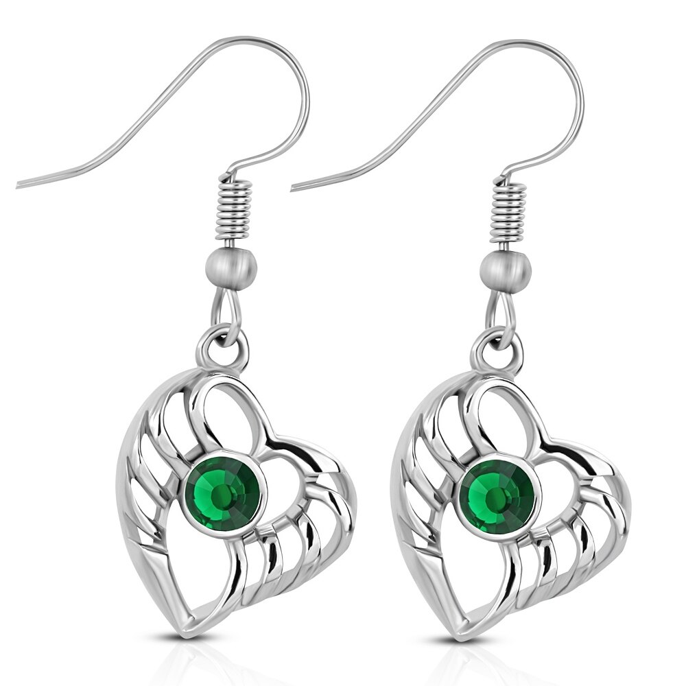 Cercei inox cu inimioare si pietre verzi - BeSpecial 9107, 3,5, Verde