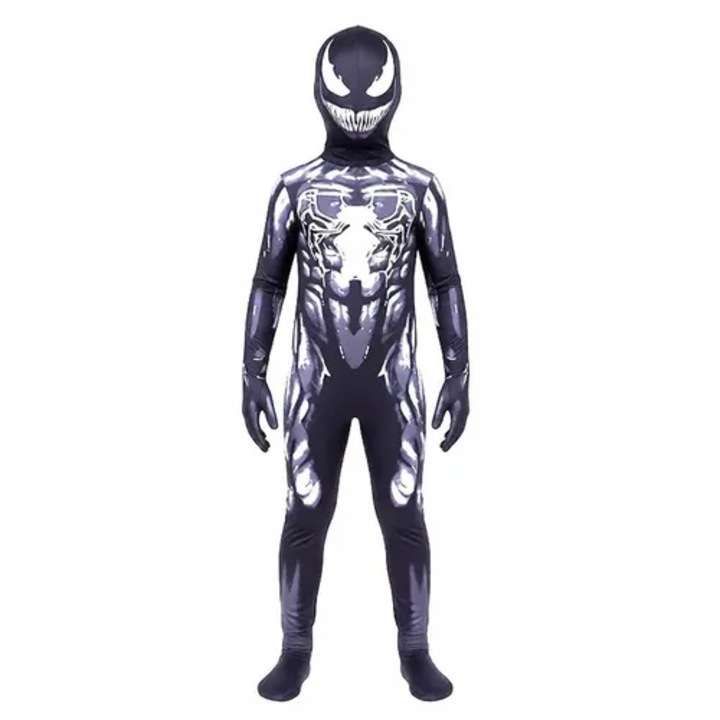 Костюм зентай от млечна коприна, косплей Venom, вдъхновен от Spider-Man, с качулка, черно/бял, 170–180 см (M)