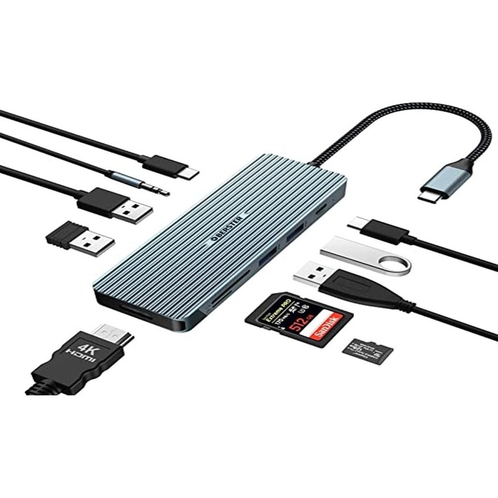 Докинг станция 10-в-1 USB-C: 4K HDMI, PD 100W, SD/TF карти