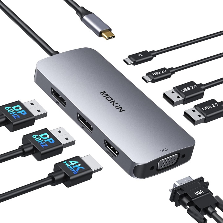 Докинг станция 8-в-1 с двоен DisplayPort, USB C хъб 100W PD