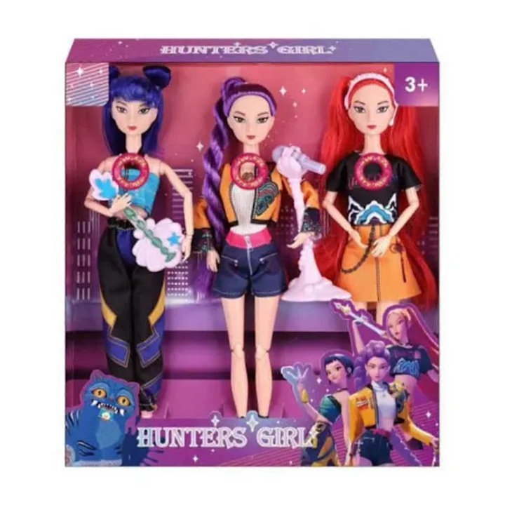 Set de 3 papusi K-pop Demon Hunters Rumi, Mira, Zoey, din ABS cu accesorii, multicolor, 51,5 x 22 cm