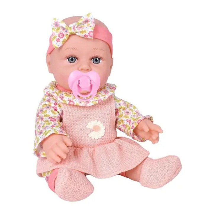 Papusa Reborn ISINI-CJ-K0497-260901-1771, corp moale din plastic si textile, set cu haine, suzeta si bentita, roz, 30,4 cm