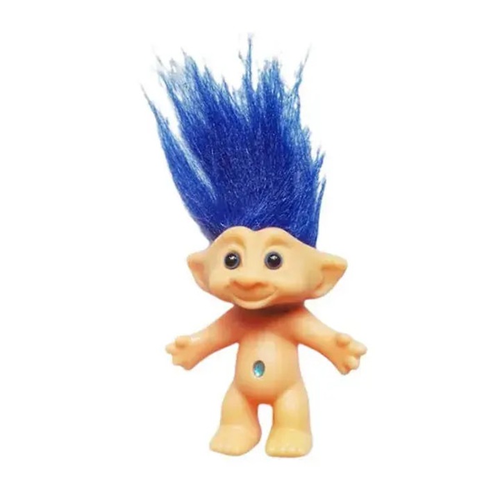 Figurina troll din vinil ISINI-CJ-K0497-260902-443, par lung albastru, ochi colorati, 10 cm