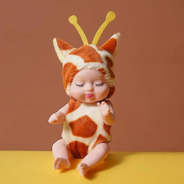 Papusa bebelus Sleep Baby, costum girafa din plus, PVC, 10 cm, bej/maro, model ISINI-CJ-K0497-260902-1093