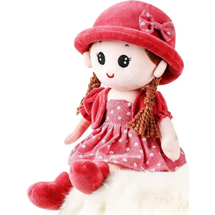 Papusa de plus model printesa ISINI-CJ-K0497-260902-371, fete brodate, haine si palarie detasabile, bumbac si plus, roz, 35 cm