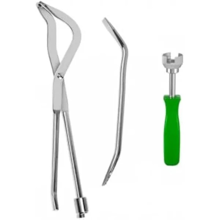 Trusa de scule pentru frane cu tambur, service auto, cu cleste de lingura pentru frana, compresor cu arc, constructie metalica, pentru sarcini de inalta presiune, prindere confortabila, verde