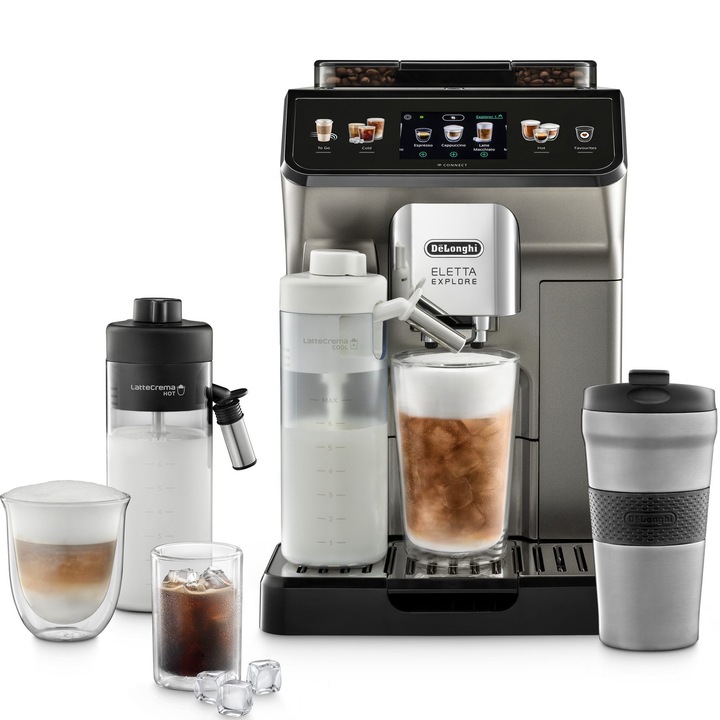 Espressor automat De'Longhi Eletta Explore ECAM450.86.T, 50 retete automate, rasnita din otel cu 13 trepte, sistem LatteCrema Hot & Cool, Bean Adapt, Cold Extraction, aplicatie Coffee Link, display color TFT 3.5", rezervor 1.8L, 1450W, 19 bar, Titanium