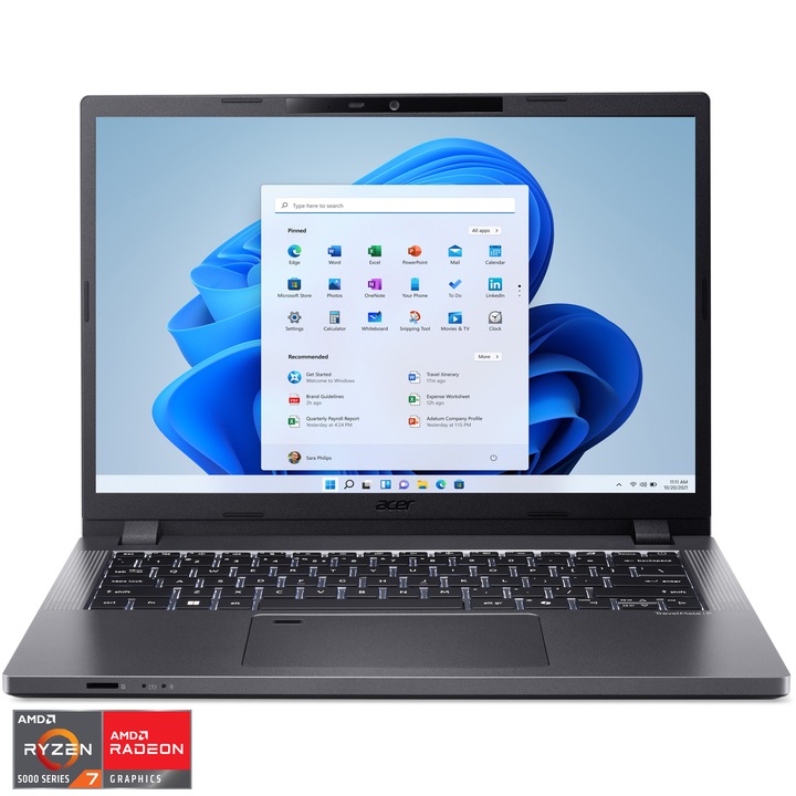Laptop Acer TravelMate P2 TMP214-43 cu procesor AMD Ryzen™ 5 7530U pana la 4.50 GHz, 14'', WUXGA IPS, 16GB RAM, 512GB SSD, AMD Radeon, Win 11 Pro, Steel Gray