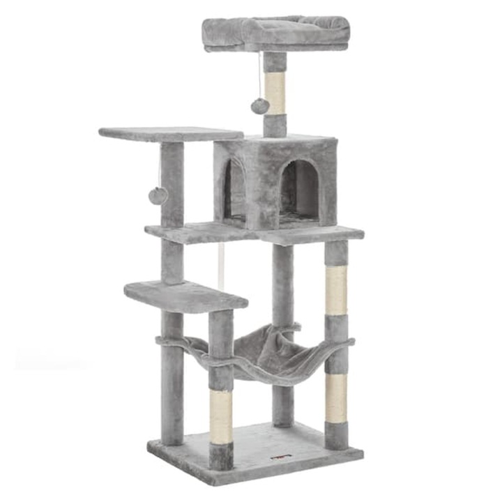 Дърво за драскане за котки CDON-K0446-260901-1192, от ПДЧ и мек плюш, с къщичка, хамак, няколко платформи и стълбове със сизал, комплект против преобръщане, светлосиво, 55 x 45 x 143 см