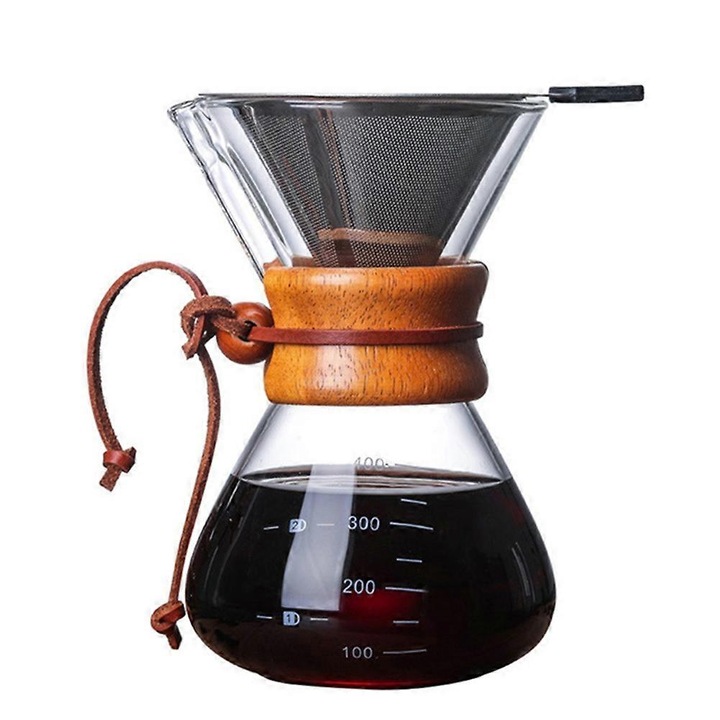 Cafetiera pour-over set, carafa din sticla borosilicata cu filtru reutilizabil din otel inoxidabil 304, guler din lemn si curea din piele, transparent/maro