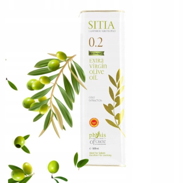 Ulei De Masline, Physis Din Creta, Extra Virgin, Calitate Inalta, Aciditate Foarte Scazuta ≤ 0, 2 %, P.D.O. Sitia (Creta), Aroma Delicata Si Fructata Cu Note Subtile De Masline Proaspete, 500 Ml, Culoare Aurie-Verde, Origine Protejata