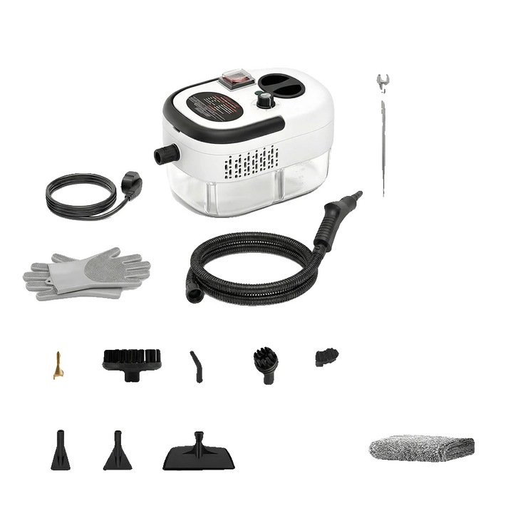 Curatator cu aburi portabil 8785371878794, 2500W, rezervor 1200 ml, pana la 60 min de functionare, 6 trepte de abur, peste 20 accesorii, alb/negru