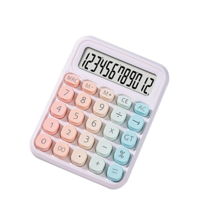 Калкулатор OB-k0509--2609487, 12 цифри, преливащи бутони, пластмасов корпус, захранване с батерии, противоплъзгаща основа, многоцветен