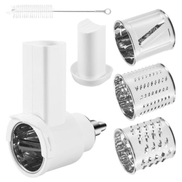 Accesoriu razator si tocator pentru mixer vertical, set 3 tamburi din otel inoxidabil (felii, razuit fin, razuit grosier), carcasa ABS alba, impingator alimentar si perie, OB-k0509--2610321