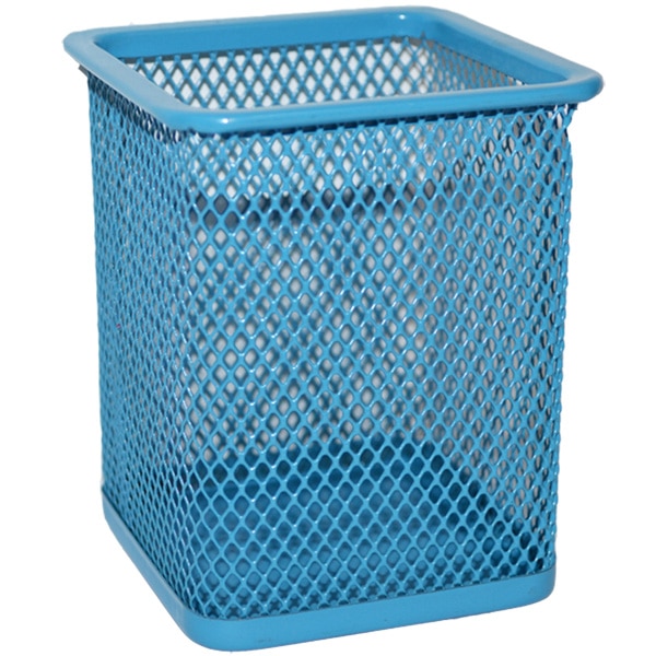 Suport din plasa metalica Vision, pentru pixuri forma patrata 7x7x10cm, albastru