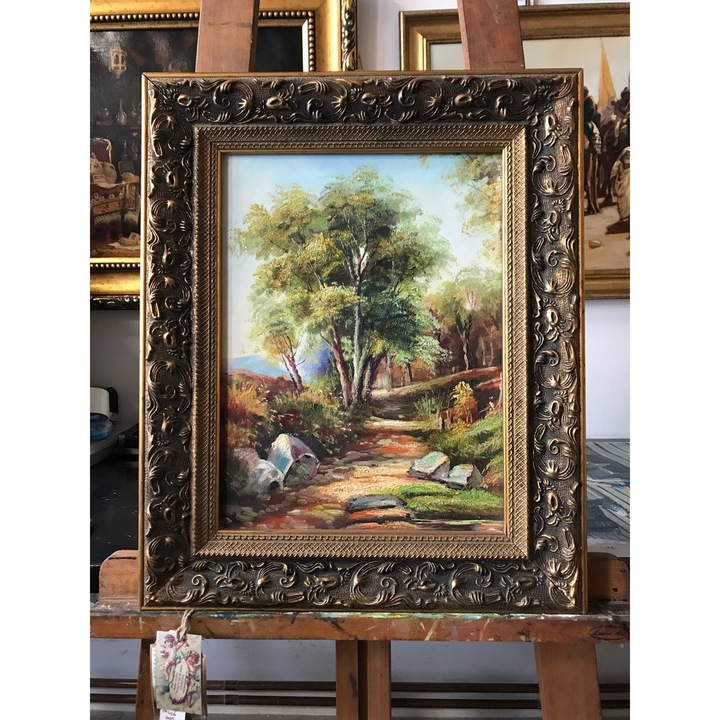 Padure, tablou cu peisaj cutit, Tablou abstract, Brand Mainframe , atelier pictura tablouri la comanda, tablou decorativ. Tablou inramat Pictura in ulei pe panza, pictura cutit 53x43 cm