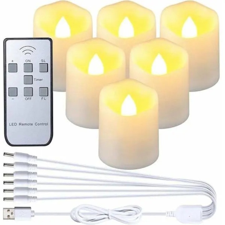 Lumanari LED reincarcabile, model 31CJ-K0274-260831-1254, set 6, cu telecomanda si cablu USB, efect palpaitor, crem