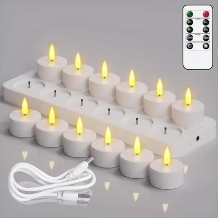 Lumanari LED reincarcabile tip tealight 31CJ-K0274-260831-1778, cu telecomanda si statie de incarcare, timer 2/4/6/8 h, pana la 30 h autonomie, lumina calda, alb, set 12 buc